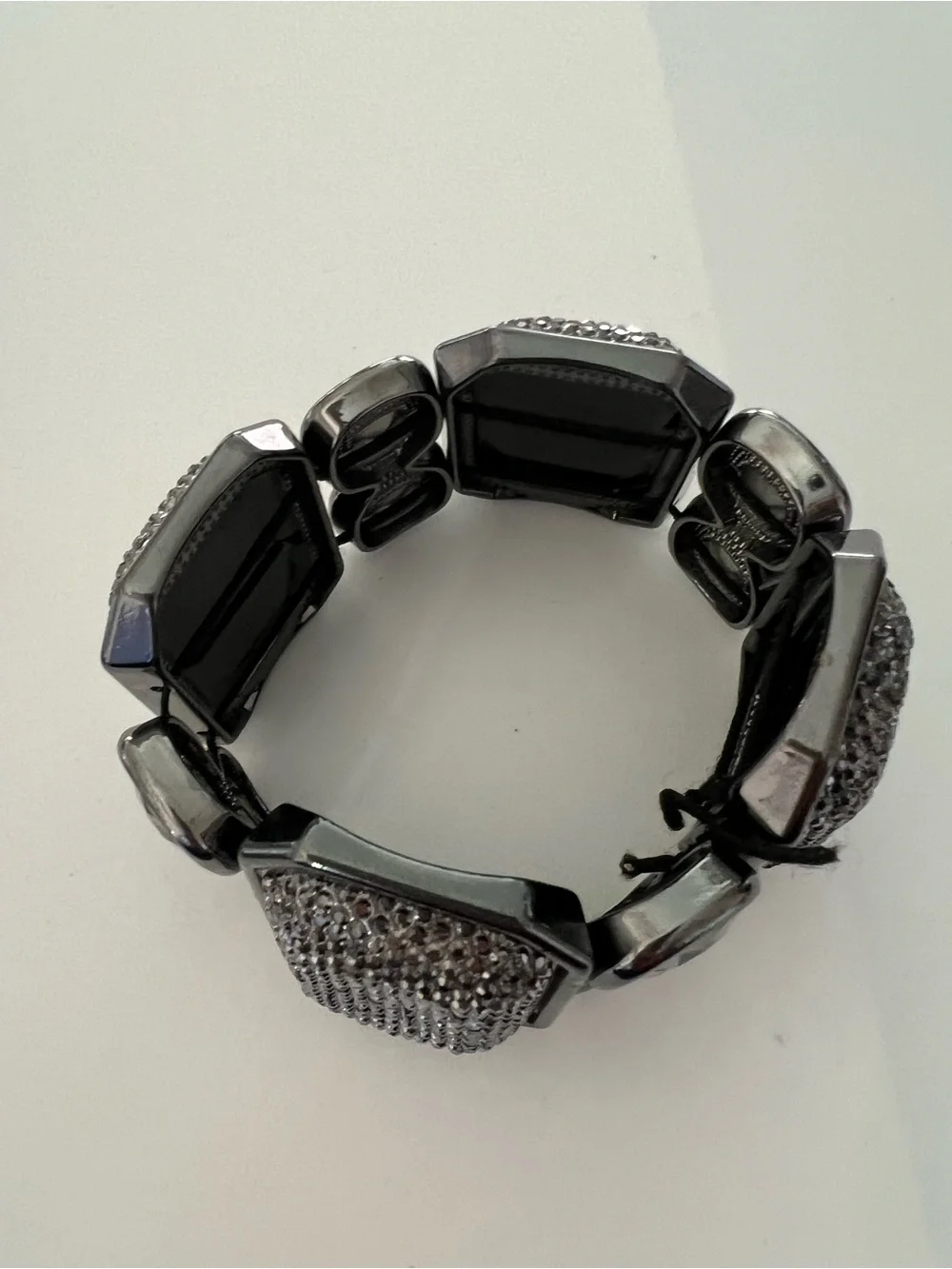 Chunky Geometric Gunmetal & Silver Rhinestone Statement Stretch Bracelet